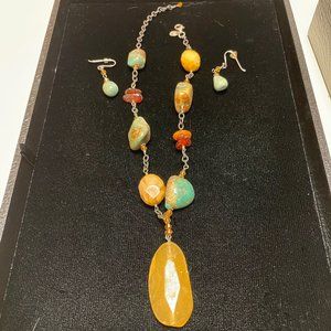 Sterling Silver, Crystal, Tourquoise, Jasper and Amber Necklace, Matching Earrin